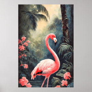 Tropischer Wald Rosa Flamingo Vintage Poster