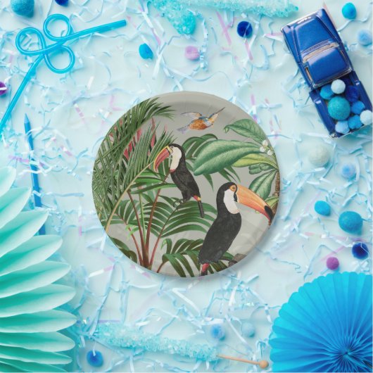 Tropischer Wald und farbenfrohe Vögel Pappteller (Party)