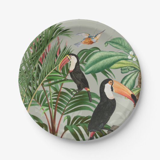 Tropischer Wald und farbenfrohe Vögel Pappteller (Vorderseite)
