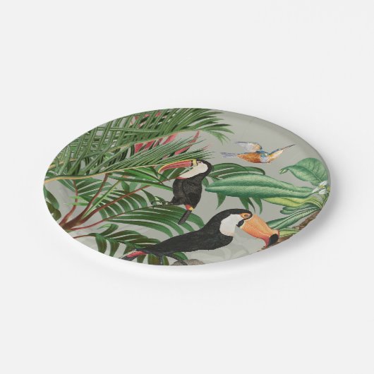 Tropischer Wald und farbenfrohe Vögel Pappteller (Schrägansicht)