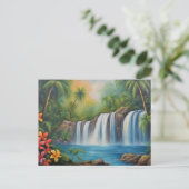 Tropischer Wasserfall mit Blumen  Postkarte (Stehend Vorderseite)