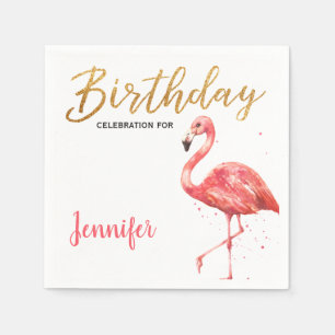 Tropischer Watercolor-Flamingo-Glitzer-Geburtstag Serviette