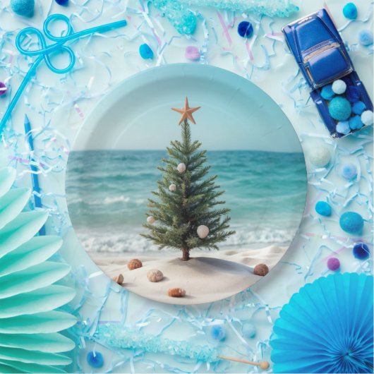 Tropischer Weihnachtsbaum am Strand Pappteller (Party)