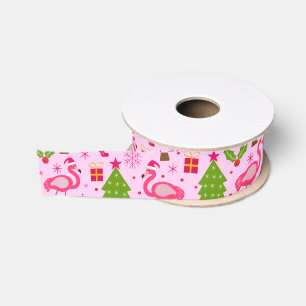 Tropischer Weihnachtsflamingo mit Kiefer auf Rosa Ripsband