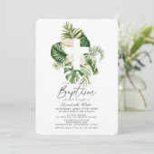 Tropischer weißer Hibiskus und botanische Taufe Einladung (Stehend Vorderseite)