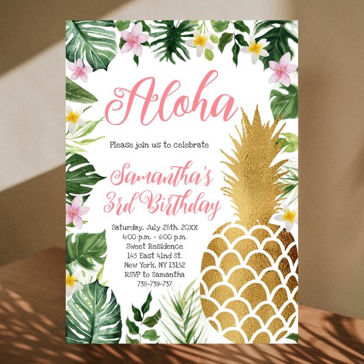 Tropisches Aloha Birthday Gold Ananas Einladung