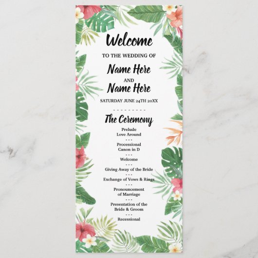 Tropisches Aloha-Hochzeitsprogramm Blumen Palmen Programm (Vorderseite)