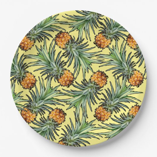 Tropisches Ananas-Muster auf Gelb Pappteller (Vorderseite)