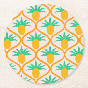 Tropisches Ananas-Muster auf orangefarbenem Ogee  Runder Pappuntersetzer