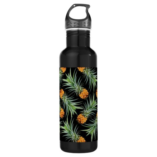 Tropisches Ananas-Muster auf schwarz Edelstahlflasche (Vorderseite)