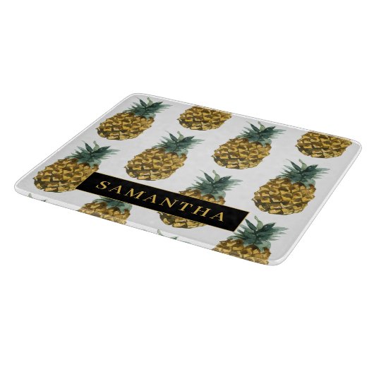 Tropisches Ananas-Muster mit Namen Schneidebrett (Ecke)