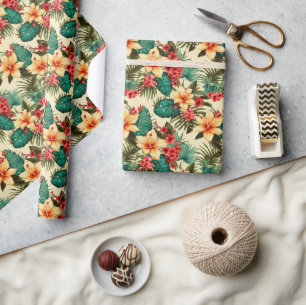 Tropisches Ananas- und Hibiskus-Muster auf Beige Geschenkpapier