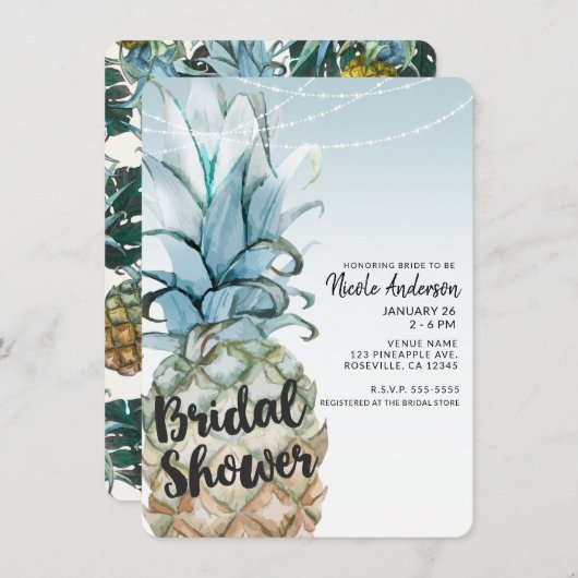 Tropisches Ananas- und String-Lights-Brautparty Einladung (Vorne/Hinten)