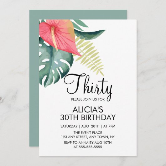 Tropisches Anthurium & Monstera Wasserfarbe Geburt Einladung (Vorne/Hinten)