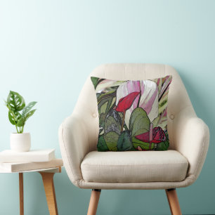TROPISCHES ANTHURIUM/ROT GRÜNE UND MAUVENISCHE FAR KISSEN