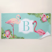 Tropisches Aqua und rosa Flamingo-Monogramm Strandtuch (Vorderseite)