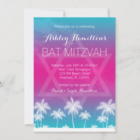 Tropisches Aquamarines blaues Rosa Bat Mitzvah Einladung (Vorderseite)