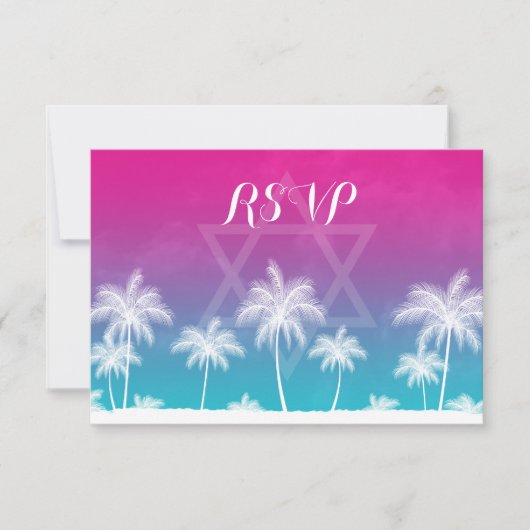 Tropisches Aquamarines blaues Rosa Bat Mitzvah UAW RSVP Karte (Vorderseite)