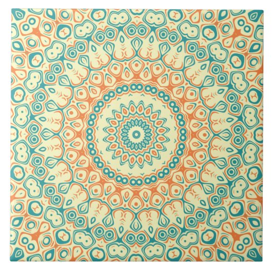 Tropisches Aquamarines und Orange Mandala Muster Fliese (Vorderseite)