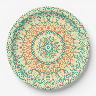 Tropisches Aquamarines und Orange Mandala Muster Pappteller