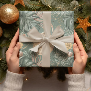 Tropisches Aquarell Gold- und Grünblätter-Muster Geschenkpapier