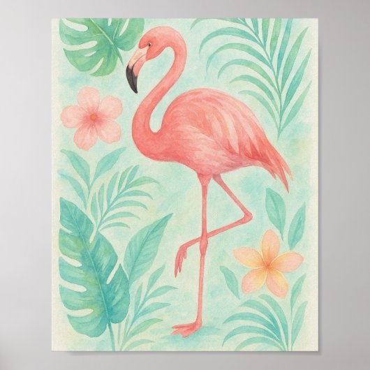 Tropisches Aquarell Rosa Flamingo | Exotic Botanic Poster (Vorne)