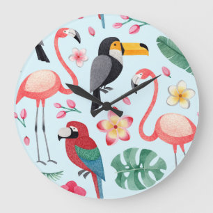 Tropisches Aquarell: Vogel-Blumen-Fusion. Große Wanduhr
