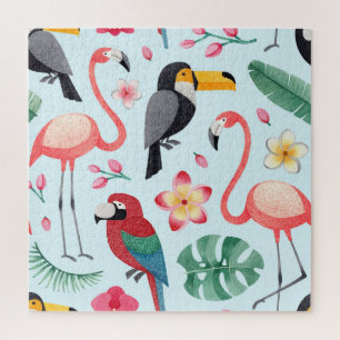 Tropisches Aquarell: Vogel-Blumen-Fusion. Puzzle