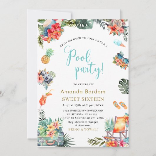 Tropisches Aquarellbecken Sommer Sechzehn Geburtst Einladung (Vorderseite)
