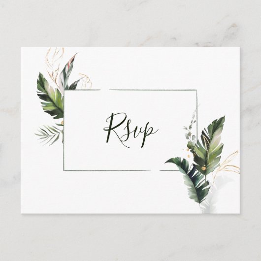 Tropisches Aquarellblatt Hochzeit RSVP Einladungspostkarte (Vorderseite)