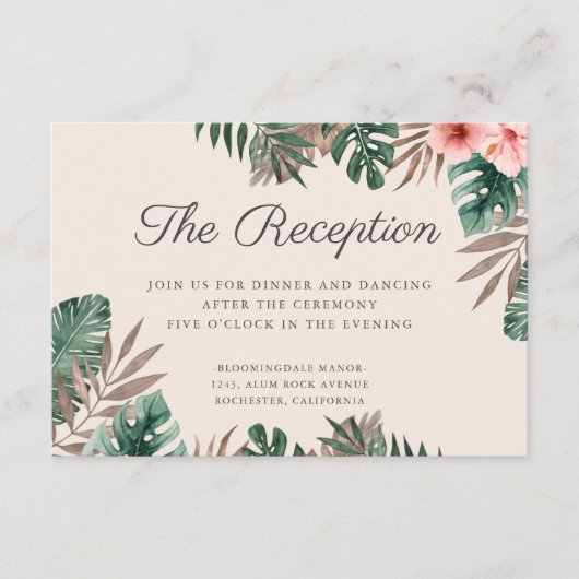 Tropisches Aquarellblatt Hochzeitsempfang Begleitkarte (Vorderseite)