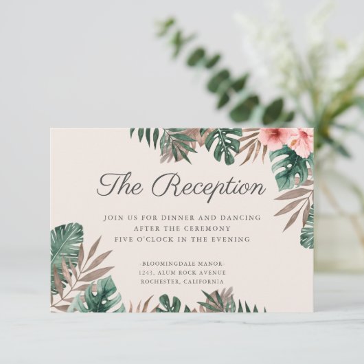 Tropisches Aquarellblatt Hochzeitsempfang Begleitkarte (Stehend Vorderseite)