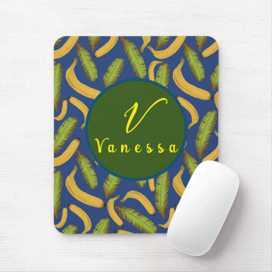 Tropisches Banana Blue Leaf Monogram Script Mousepad (Mit Mouse)