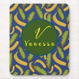 Tropisches Banana Blue Leaf Monogram Script Mousepad