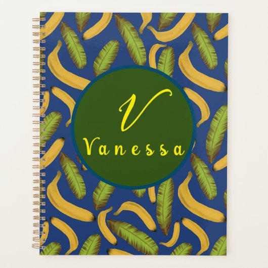 Tropisches Banana Blue Leaf Monogram Script Planer (Vorderseite)