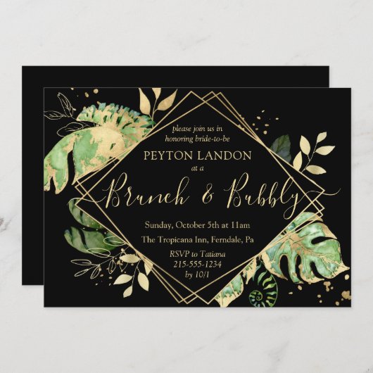 Tropisches Black & Gold Brunch Bubbly Brautparty Einladung (Vorne/Hinten)