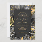 Tropisches Black Silver und Gold Palm Blätter Hoch Einladung (Vorderseite)