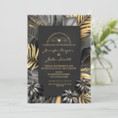 Tropisches Black Silver und Gold Palm Blätter Hoch Einladung (Stehend Vorderseite)