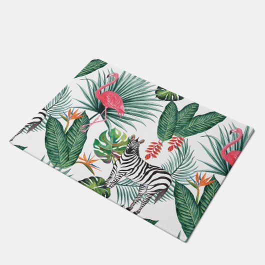 Tropisches Blatt-Aquarell modernen Flamingo Zebra Fußmatte (Schrägansicht)