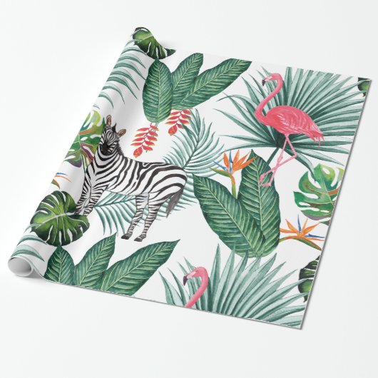 Tropisches Blatt-Aquarell modernen Flamingo Zebra Geschenkpapier (Ungerollt)