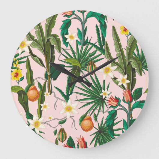 Tropisches Blatt, Blume, Fruchtmuster. Große Wanduhr (Vorderseite)