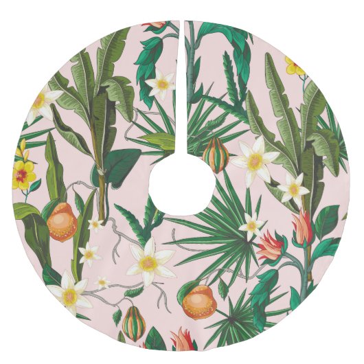 Tropisches Blatt-, Blumen- und Fruchtmuster. Polyester Weihnachtsbaumdecke (Vorderseite)
