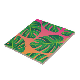 Tropisches Blatt Orange Rosa Dekoratives Keramikfl Fliese