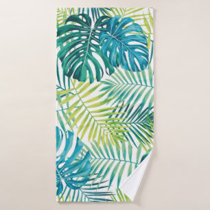 Tropisches Blattdesign mit grüner/blauer Palme und Badehandtuch