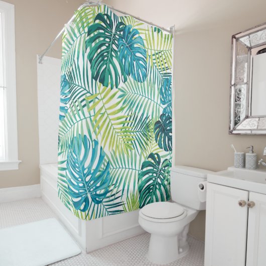 Tropisches Blattdesign mit grüner/blauer Palme und Duschvorhang (Beispiel)