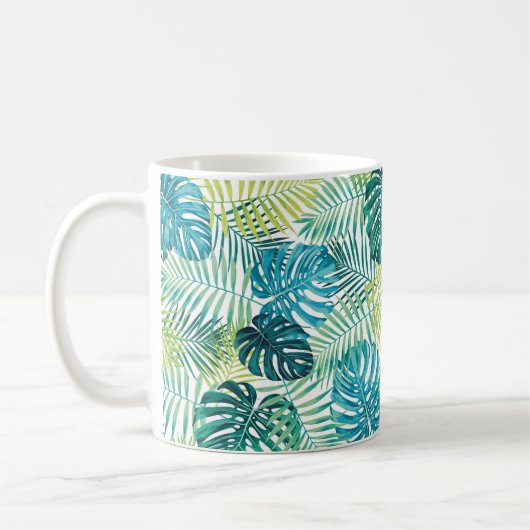 Tropisches Blattdesign mit grüner/blauer Palme und Kaffeetasse (Links)