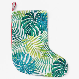 Tropisches Blattdesign mit grüner/blauer Palme und Kleiner Weihnachtsstrumpf