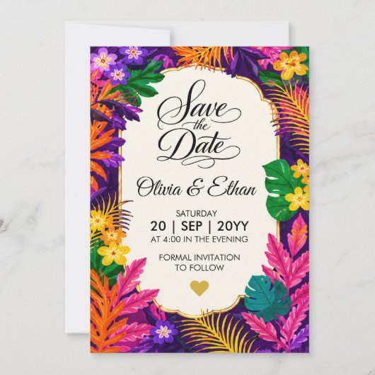 Tropisches Blätter Blumen-Design Save The Date (Vorderseite)