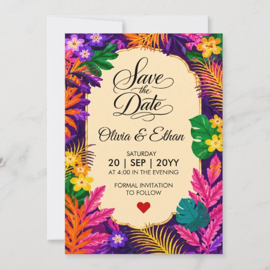Tropisches Blätter Blumen-Design Save The Date (Vorderseite)