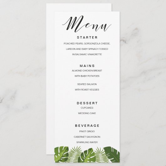 Tropisches Blätter, das Menükartenschablone Menükarte (Vorne/Hinten)